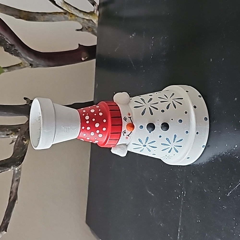 Hand Painted, Handmade Multi Terracotta Pot Snowman Candle Holder Tub C